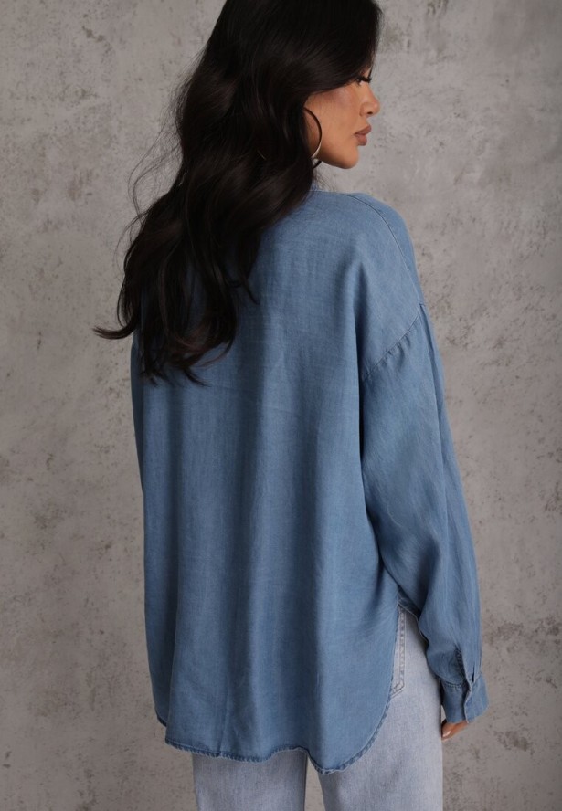 Niebieska Denimowa Koszula z Bawełną i Kieszonką Worimi