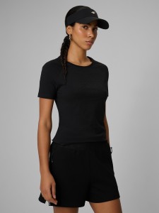 4F T-shirt slim z nadrukiem damski - czarny S