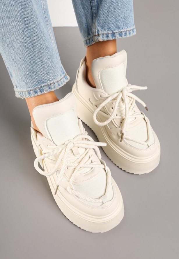 Beżowe Sneakersy na Grubej Podeszwie z Ozdobnym Sznurowaniem Sovvia