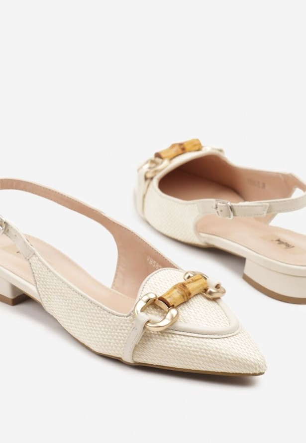 Beżowe Sandały z Noskiem w Szpic Zdobione Tweedem i Aplikacją Nilirith