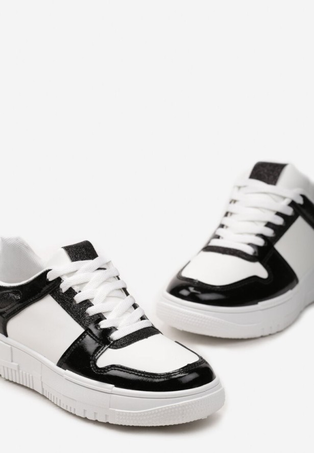 Biało-Czarne Sneakersy na Niskiej Platformie z Brokatem Nuera