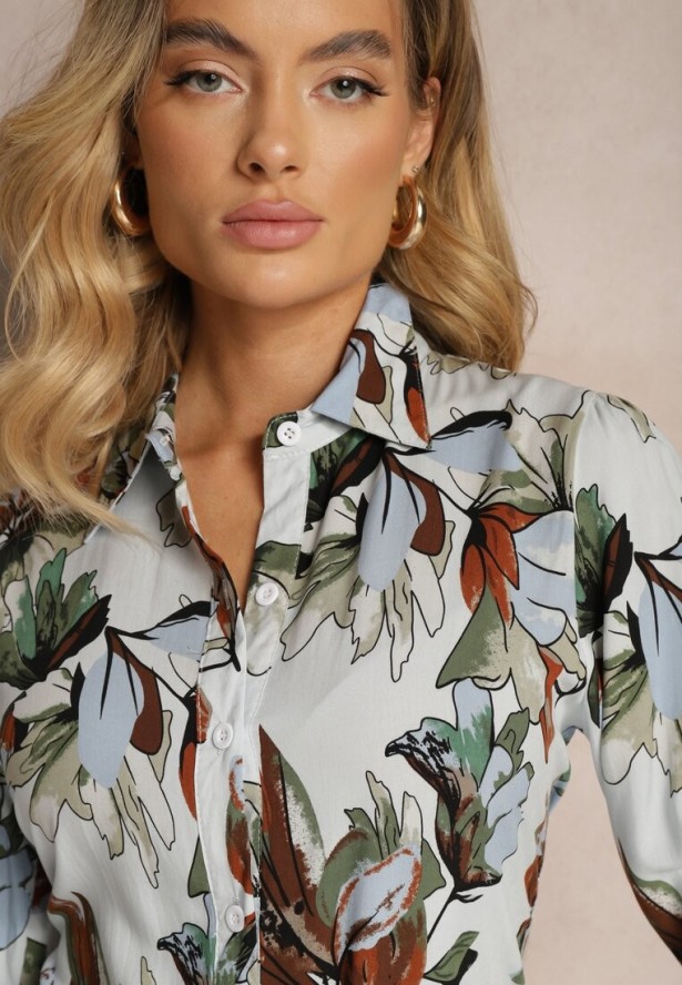 Jasnoniebieska Koszula z Wiskozy Zapinana na Guziki z Rękawami 3/4 Bredria