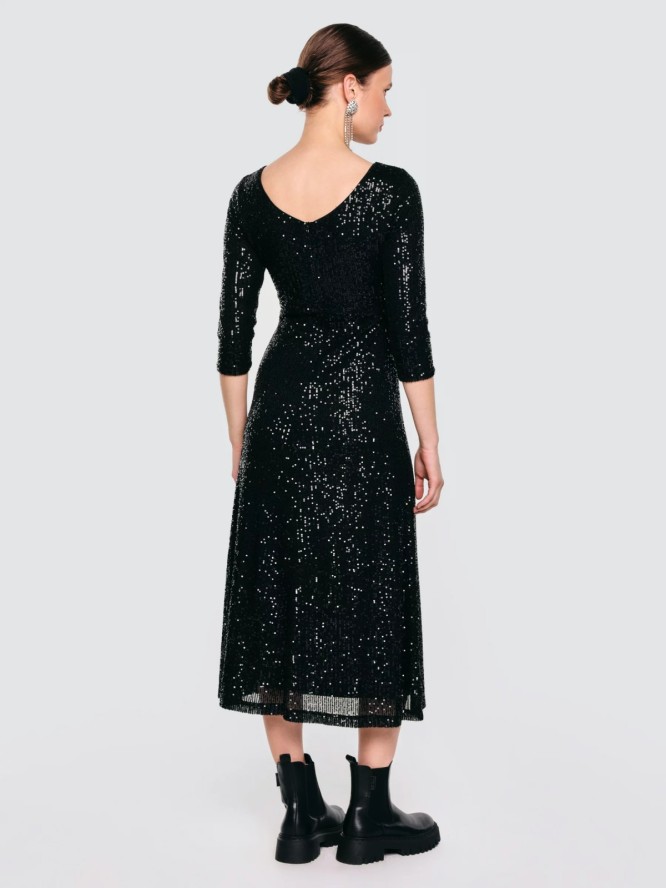 Sukienka damska midi cekinowa z rękawem 3/4 czarna Alex 906