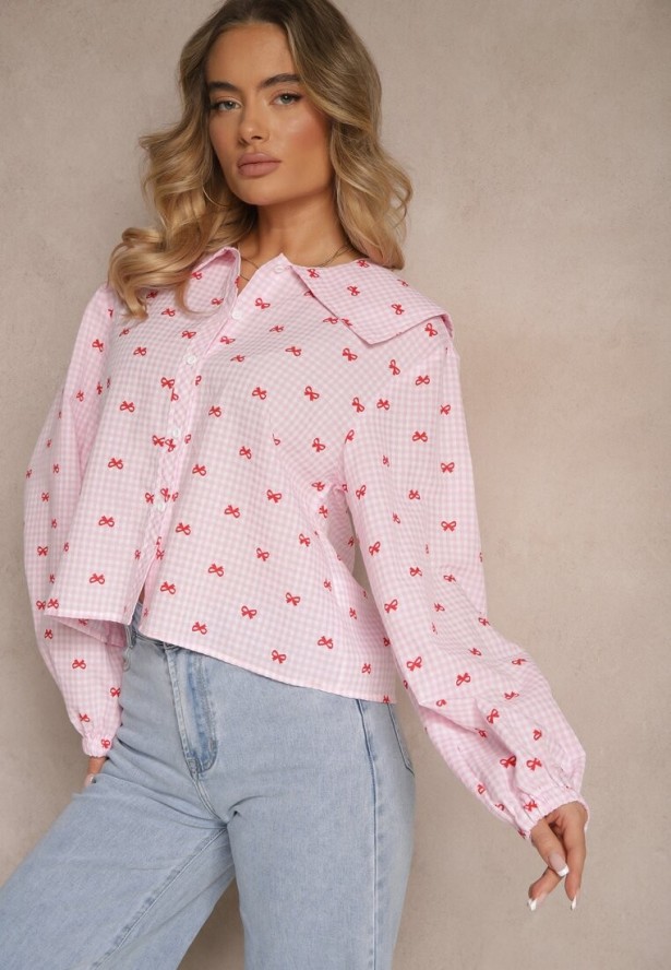 Różowa Koszula w Kratkę z Bawełny i Wiskozy Ozdobiona Dużym Kołnierzem Selzemia