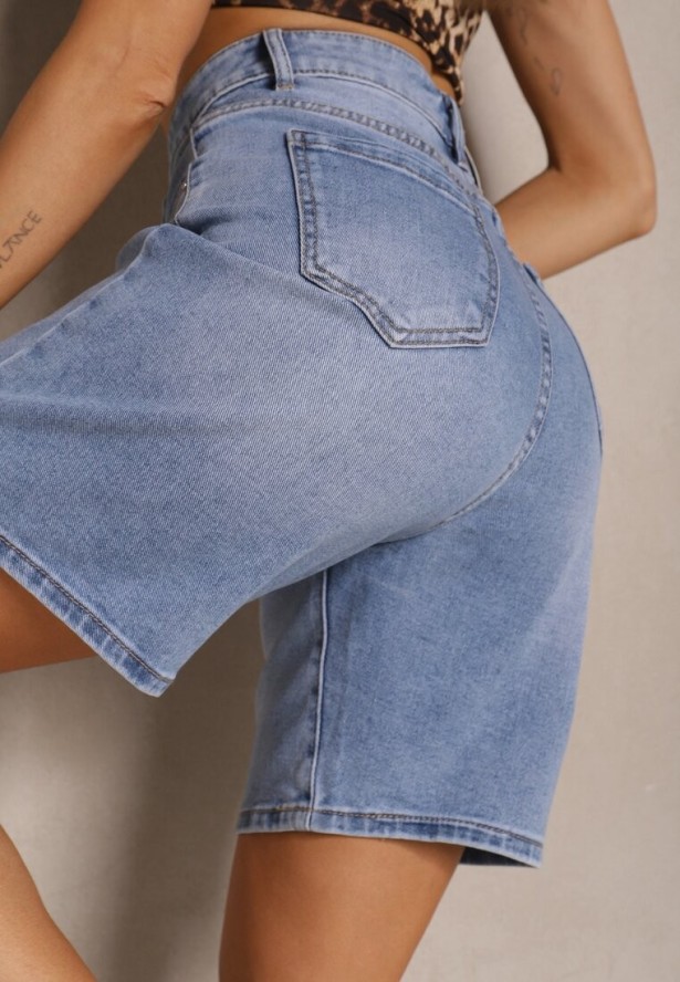 Niebieskie Szorty Jeansowe High Waist o Kroju Bermudów Tenibella