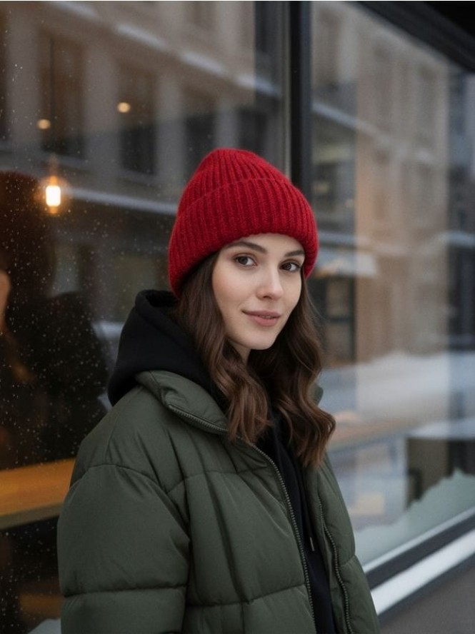 Prążkowana czapka beanie - czerwony