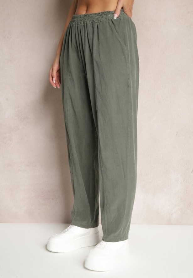 Ciemnozielone Bawełniane Spodnie High Waist w Klasycznym Stylu Arivora