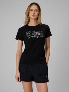 4F T-shirt regular z nadrukiem damski - czarny S
