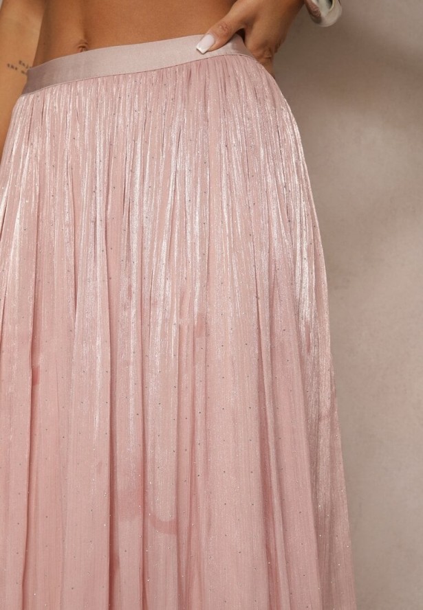 Różowa Spódnica o Rozkloszowanym Kroju z Ozdobnymi Cyrkoniami Folaressa