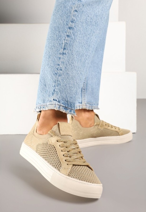 Ciemnobeżowe Sneakersy z Siateczkową Cholewką Taslio