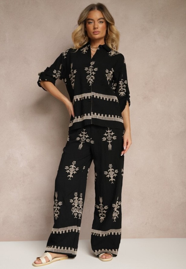 Czarny Wiskozowy Komplet Boho Koszula i Spodnie z Haftowanym Zdobieniem Helhiris