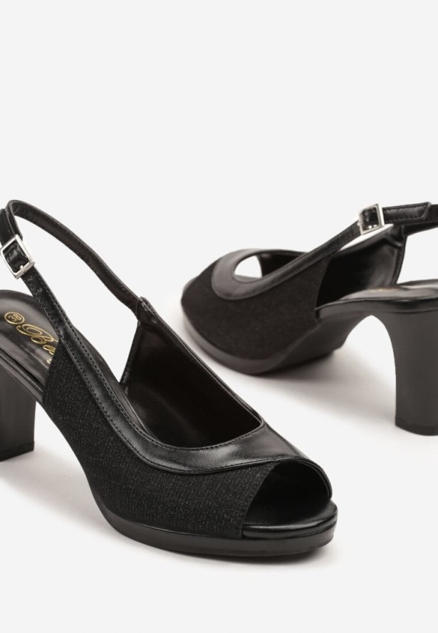 Czarne Brokatowe Sandały na Słupku Udivaria