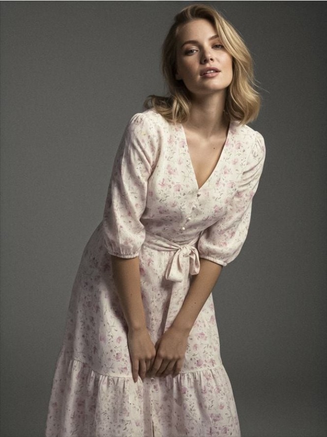 Sukienka midi w kwiaty z wiązaniem - wielobarwny