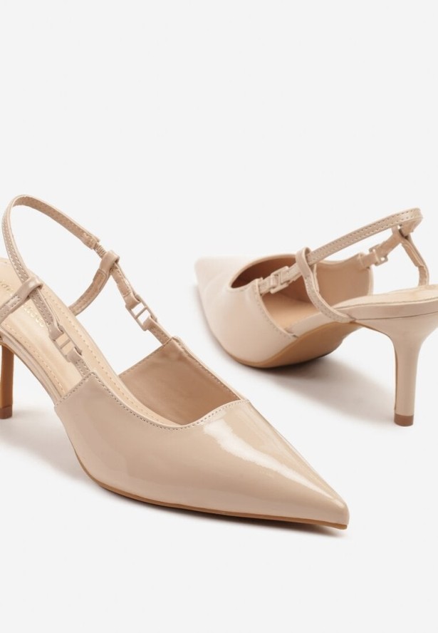 Beżowe Lakierowane Sandały na Szpilce ze Spiczastym Noskiem Odelna