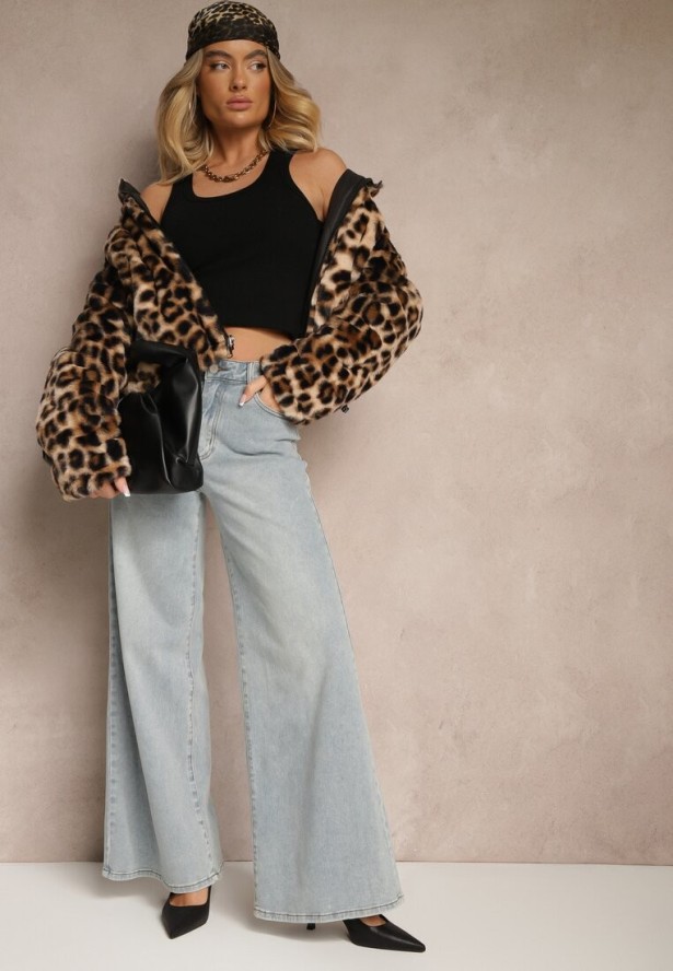 Czarna Dwustronna Kurtka z Pikowanymi Przeszyciami i Futerkiem w Panterkowy Wzór Cesita