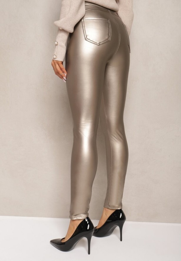 Złote Legginsy z Imitacji Skóry High Waist Noriel