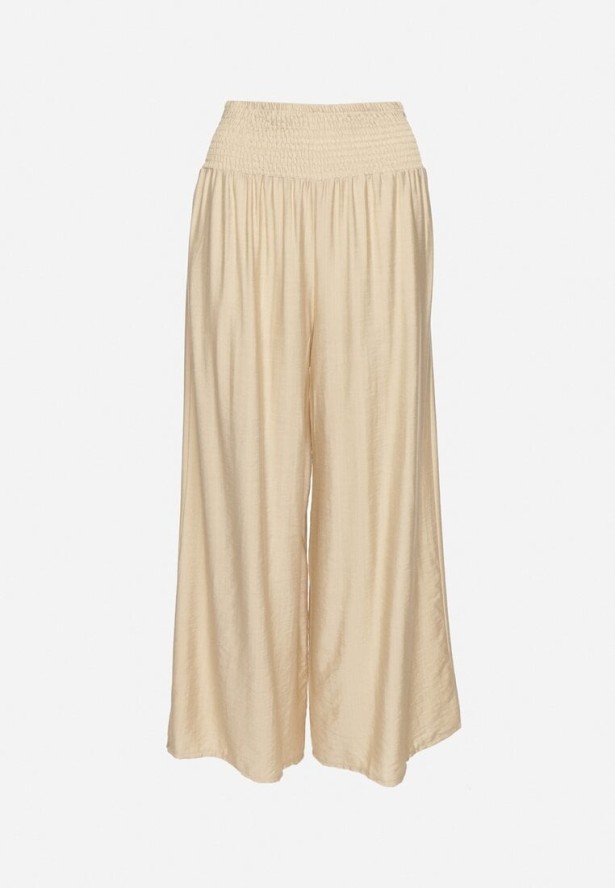 Beżowe Wiskozowe Szerokie Spodnie z Wysokim Stanem Orrilia