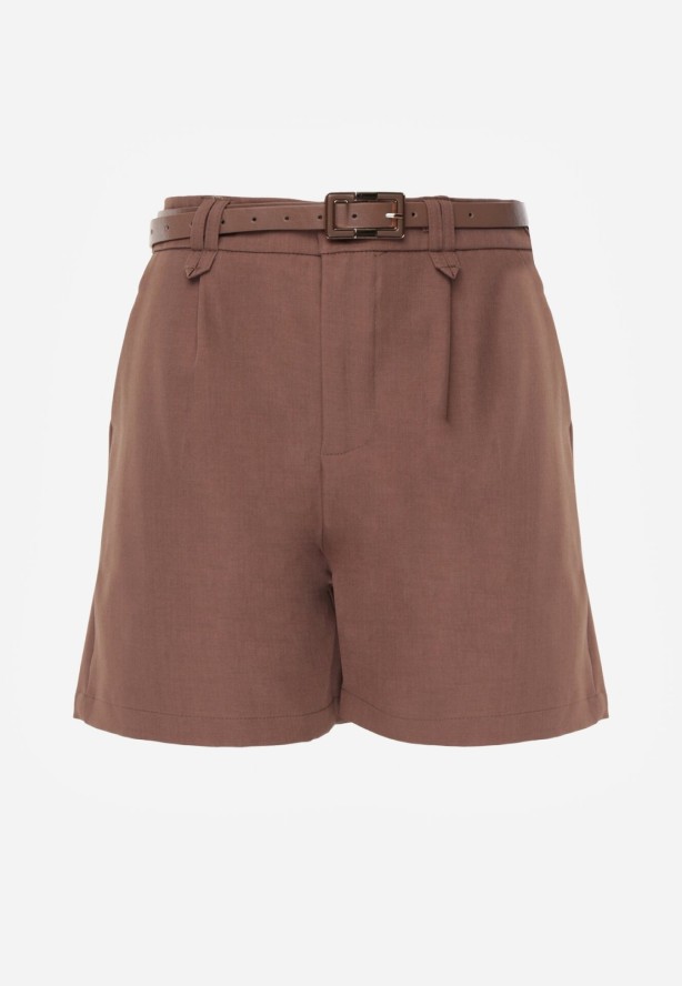 Brązowe Szorty Typu Bermudy z Paskiem i Prostokątną Klamrą Tinalora