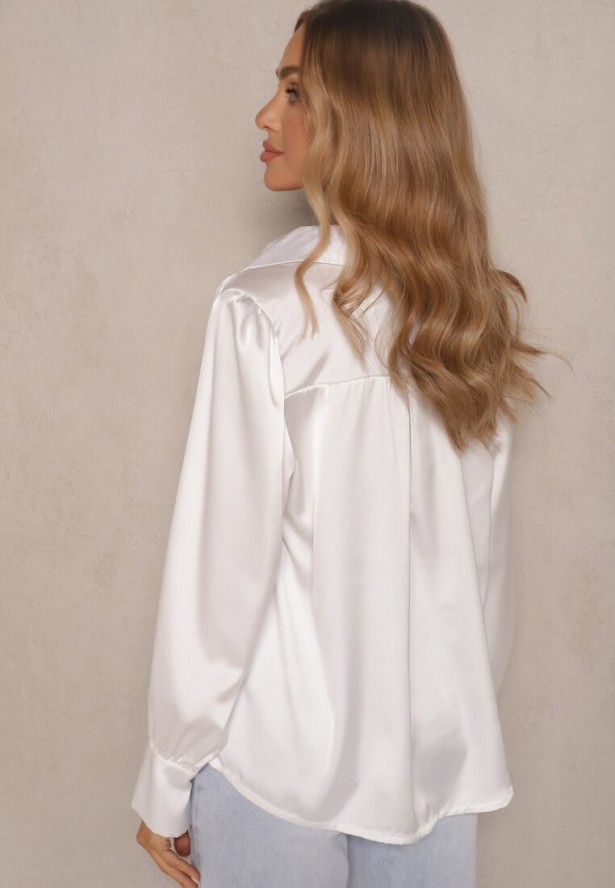 Biała Bluzka z Kołnierzykiem i Ozdobnym Marszczeniem Ariba