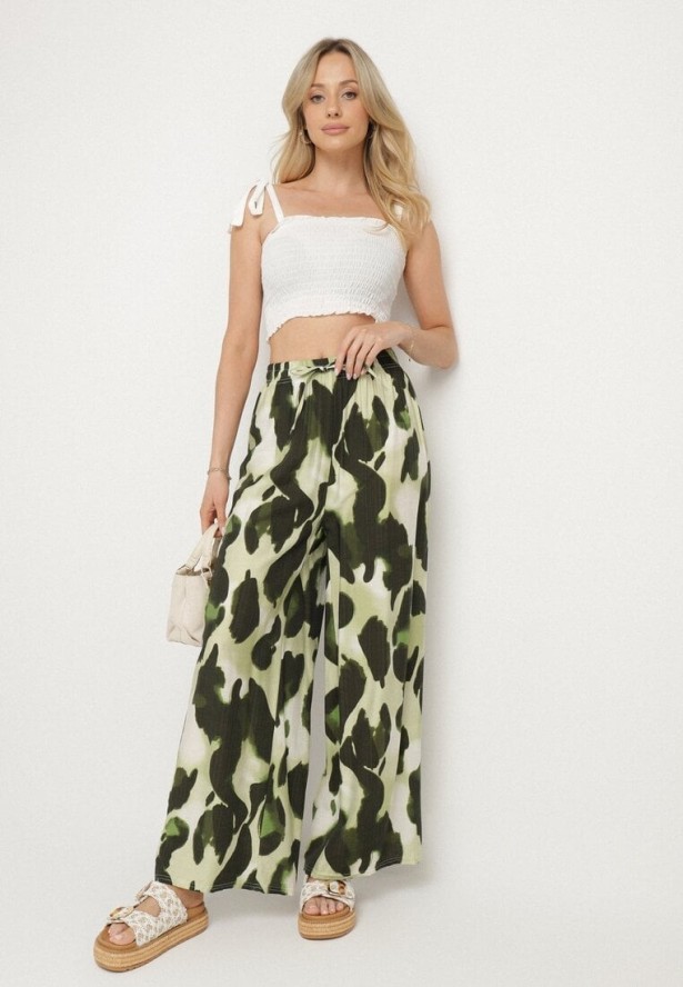 Jasnozielone Spodnie z Wiskozy o Szerokim Kroju z Wysokim Stanem w Panterkę Zelmara