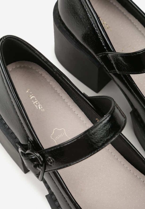 Czarne Lakierowane Półbuty ze Skórzaną Wkładką na Słupku z Platformą Fenelo