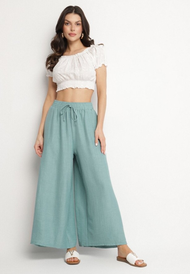 Miętowe Spodnie o Szerokim Kroju z Wysokim Stanem i Wiązaniem Telarieta