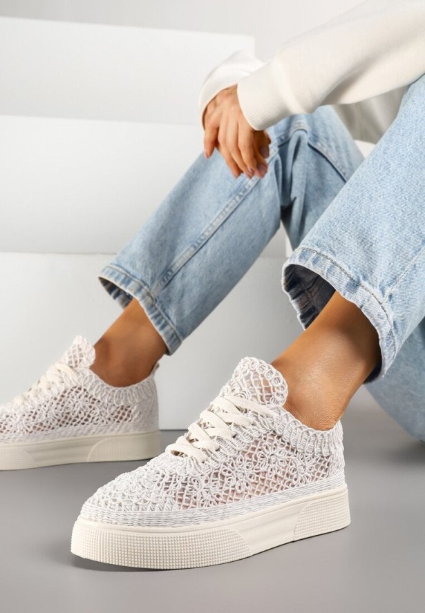 Beżowe Koronkowe Sneakersy na Niskiej Platformie Nanalisea