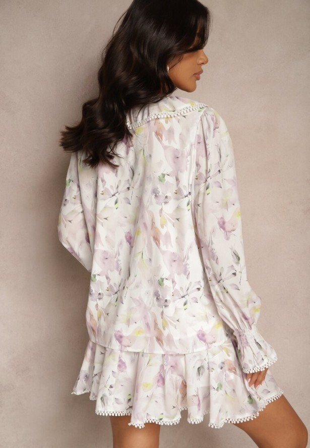 Biało-Różowy Komplet z Wiskozy Zdobiony Falbankami Bluzka i Spódnica Neltebis