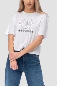 GUESS Biały damski t-shirt na krótki rękaw z wyszywanym logo Gabi, Rozmiar S