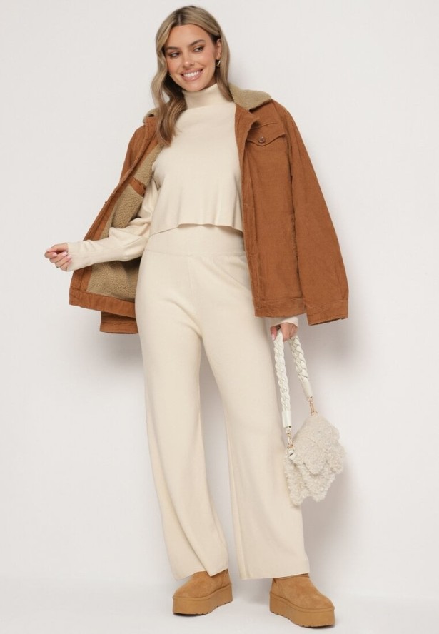 Beżowy Komplet Dzianinowy z Wiskozą Bluza Golf ze Ściągaczami i Szerokie Spodnie Noridra