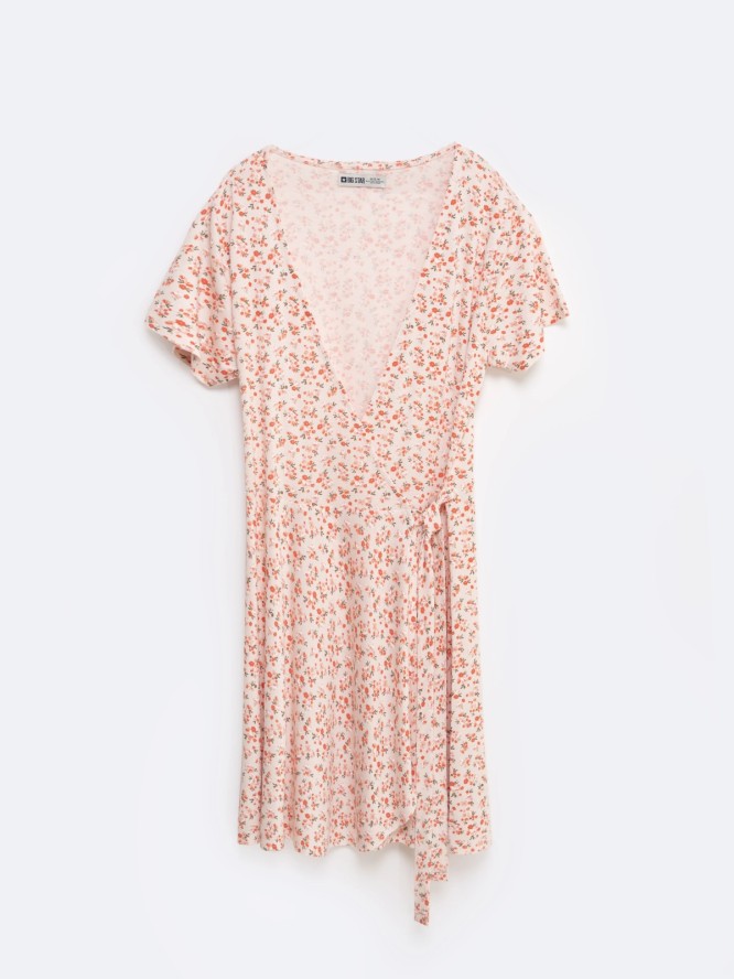 Sukienka damska mini kopertowa z motywem kwiatowym różowa Rihatana 601