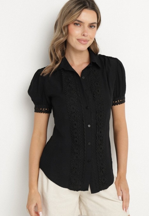 Czarna Koszula z Wiskozy Ozdobiona Koronką Tezinea