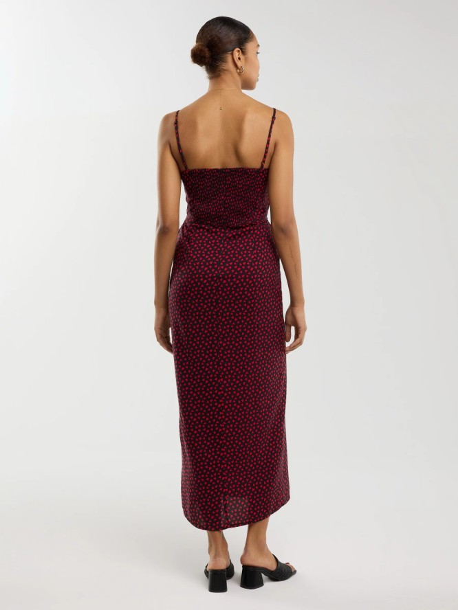 Sukienka damska midi z wiskozy na ramiączkach w serduszka czarna Frema 906