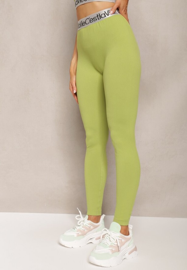 Zielone Sportowe Legginsy Elastyczne z Ozdobną Szeroką Gumą w Pasie Larnode