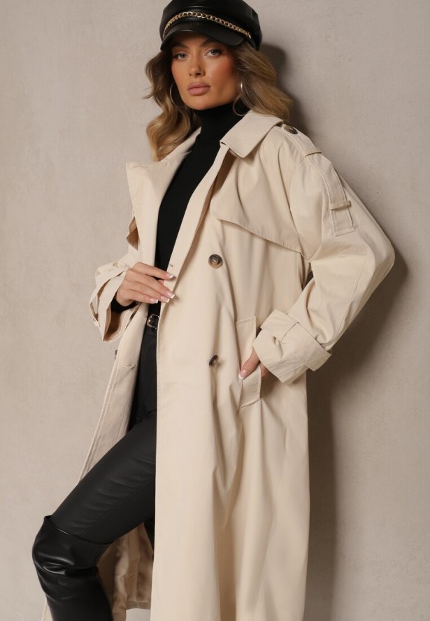 Beżowy Płaszcz Trencz o Dwurzędowym Kroju z Rozcięciem i Klapą Wiązany w Talii Valezi