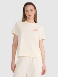 4F T-shirt oversize z nadrukiem damski - beżowy S