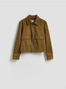 Krótka kurtka z imitacji zamszu - oliwkowy