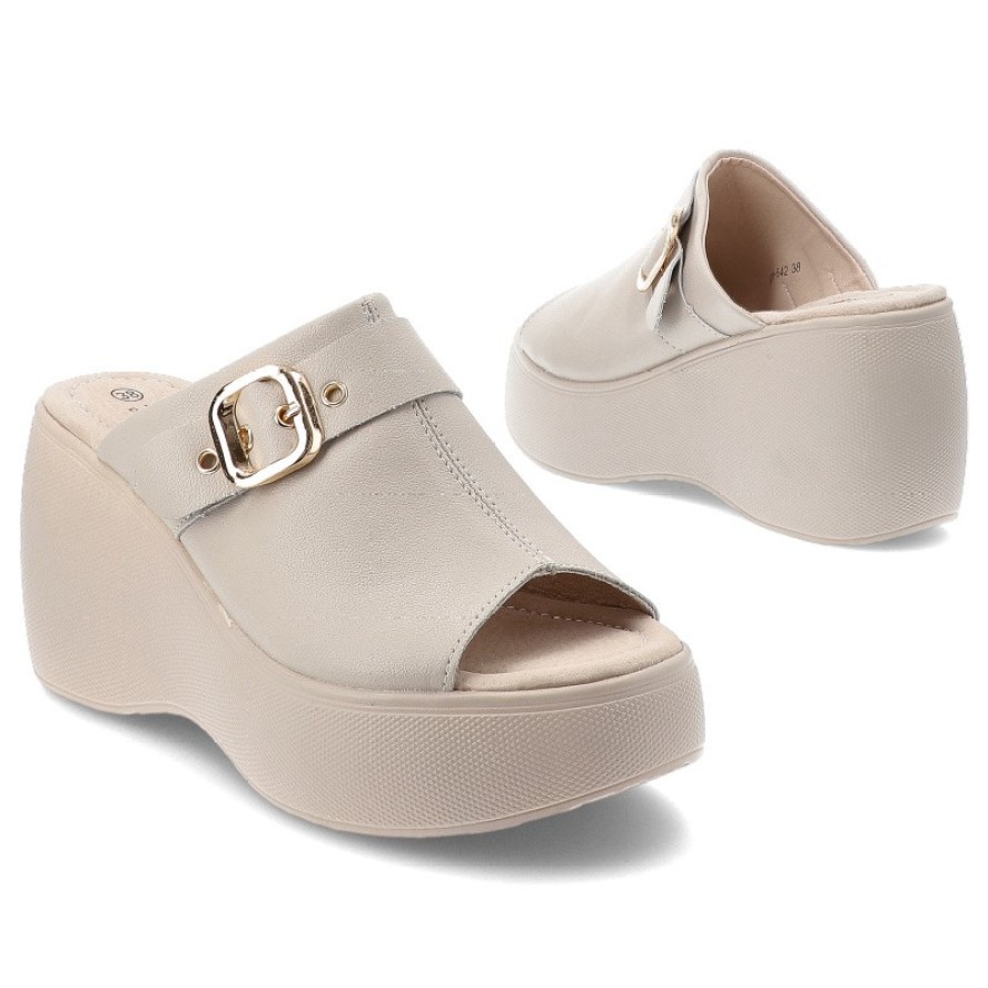 Beżowe Klapki S.Barski Eleganckie Obuwie Damskie