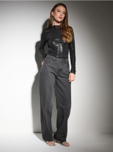 Jeansy straight mid waist - czarny