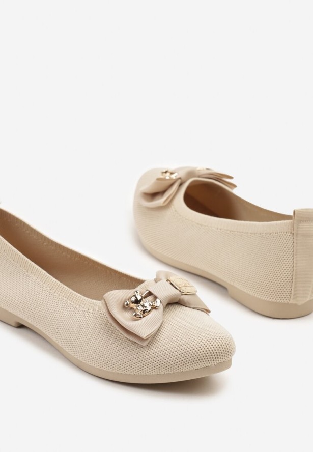 Beżowe Balerinki z Kokardą i Metalicznymi Ozdobami Litelline