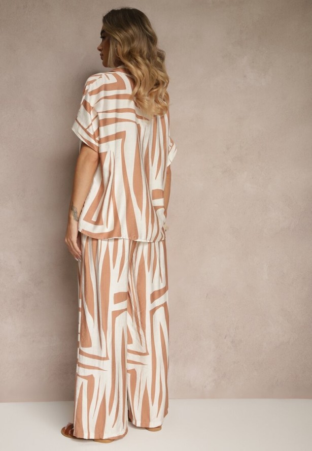 Beżowy Komplet o Kroju Oversize z Lnem Koszula i Szerokie Spodnie Miravinia