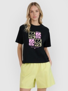 4F T-shirt oversize z nadrukiem damski - czarny XS