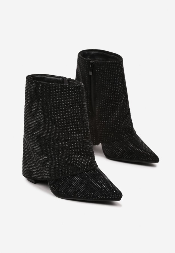 Czarne Eleganckie Botki z Cyrkoniami na Wywiniętej Cholewce Emiviraea