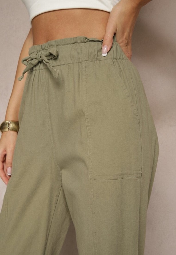 Ciemnozielone Spodnie z Bawełny High Waist z Wiązaniem Tyswia