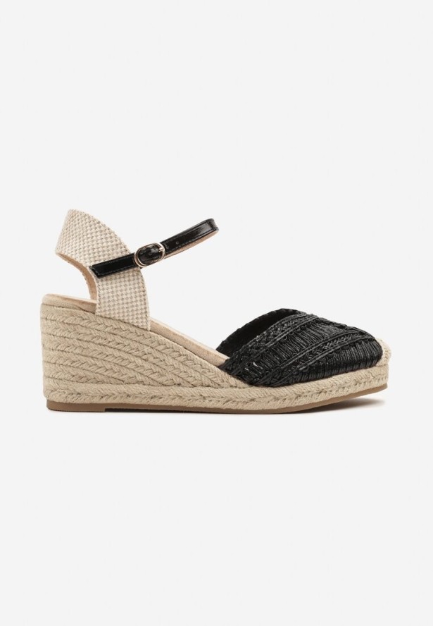 Czarne Sandały na Koturnie Ozdobione Plecionką z Juty Nelioras