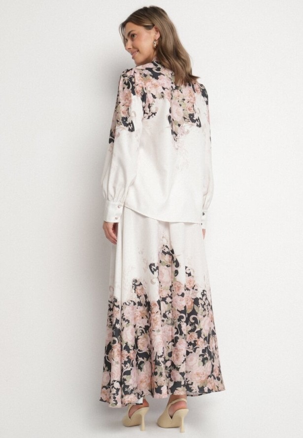 Beżowy Wiskozowy Komplet w Kwiatowy Wzór Koszula i Rozkloszowana Spódnica Belinoris