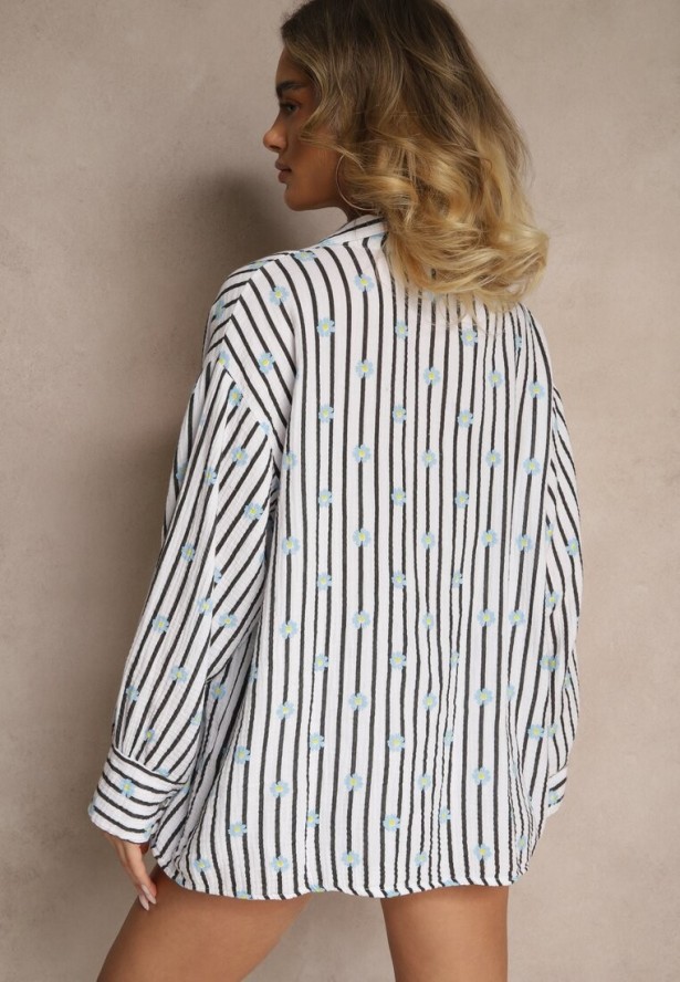 Czarno-Biała Koszula z Bawełny w Prążki Zdobiona Kwiatowym Wzorem Apiola