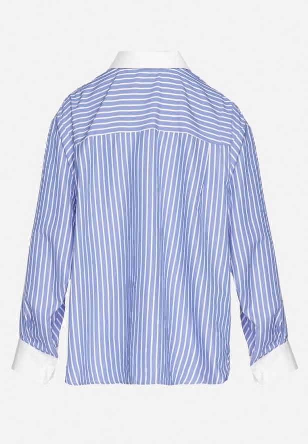 Niebieska Koszula w Paski z Kontrastowymi Mankietami i Kołnierzykiem Zarona