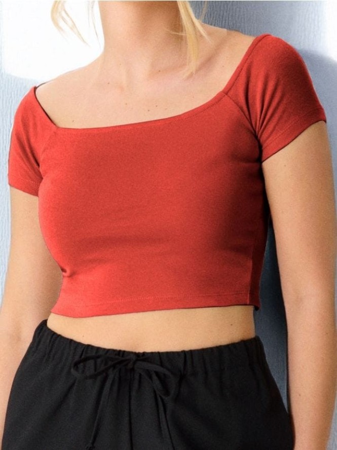 Crop top z krótkim rękawem - koralowy