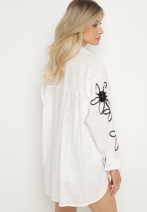 Biała Bawełniana Koszula Oversize z Kwiatowymi Aplikacjami Fadella